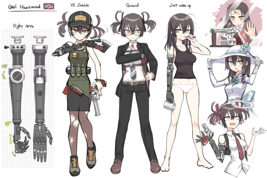 1girl axe baseball_cap brown_hair brushing_teeth character_sheet cigarette coffee_mug collarbone commentary_request cup eyebrows_visible_through_hair formal glasses gun handgun harness hat highres holding holding_gun holding_weapon holster holstered_weapon looking_at_viewer mug necktie original pant_suit panties prosthesis prosthetic_arm revolver samaru_asgl short_twintails solo suit tank_top twintails underwear union_jack weapon yellow_eyes