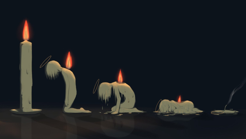 1boy avogado6 black_background candle closed_eyes curled_up death fire flame from_side halo multiple_views original personification short_hair simple_background symbolism white_hair white_skin