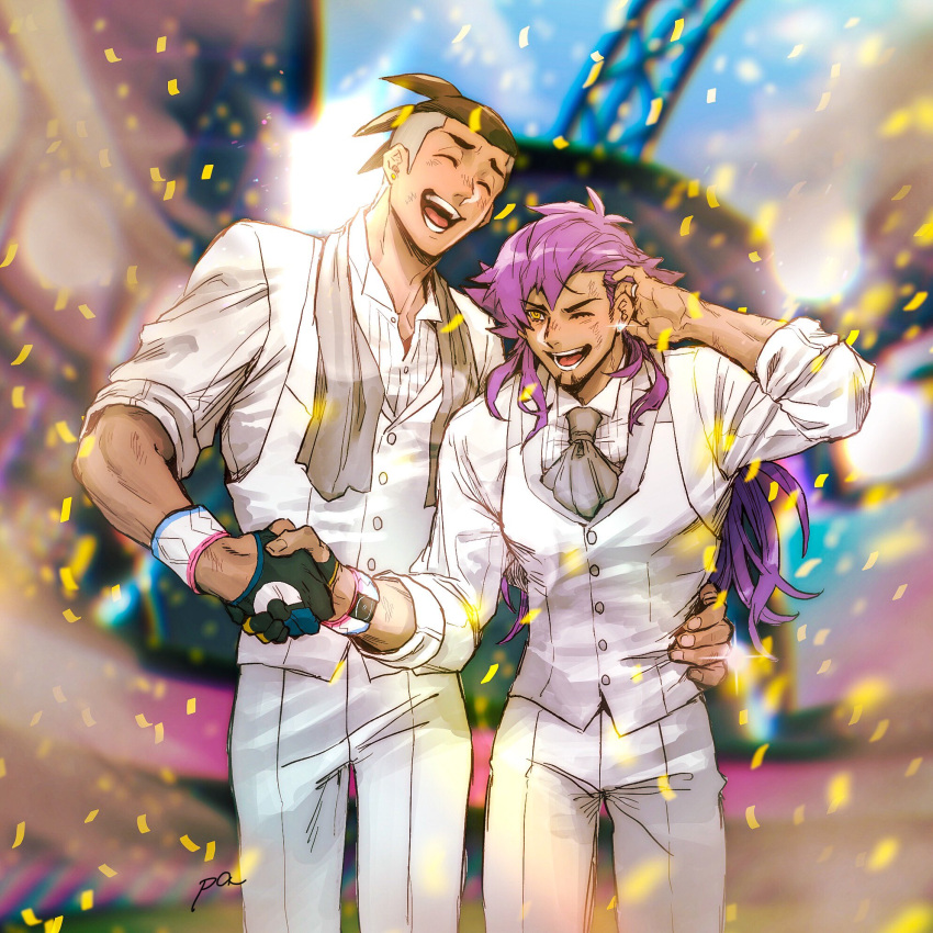 2boys closed_eyes commentary_request confetti dark_skin dark_skinned_male day dynamax_band earrings eyelashes facial_hair fingernails gloves grey_neckwear grey_shirt hand_on_another's_waist handshake highres jewelry leon_(pokemon) long_hair male_focus mohawk multiple_boys one_eye_closed open_mouth paa_(drgnstom) pants partially_fingerless_gloves pokemon pokemon_(game) pokemon_swsh purple_hair raihan_(pokemon) shirt single_glove sky smile stadium teeth tongue towel towel_around_neck undercut vest white_vest yellow_eyes