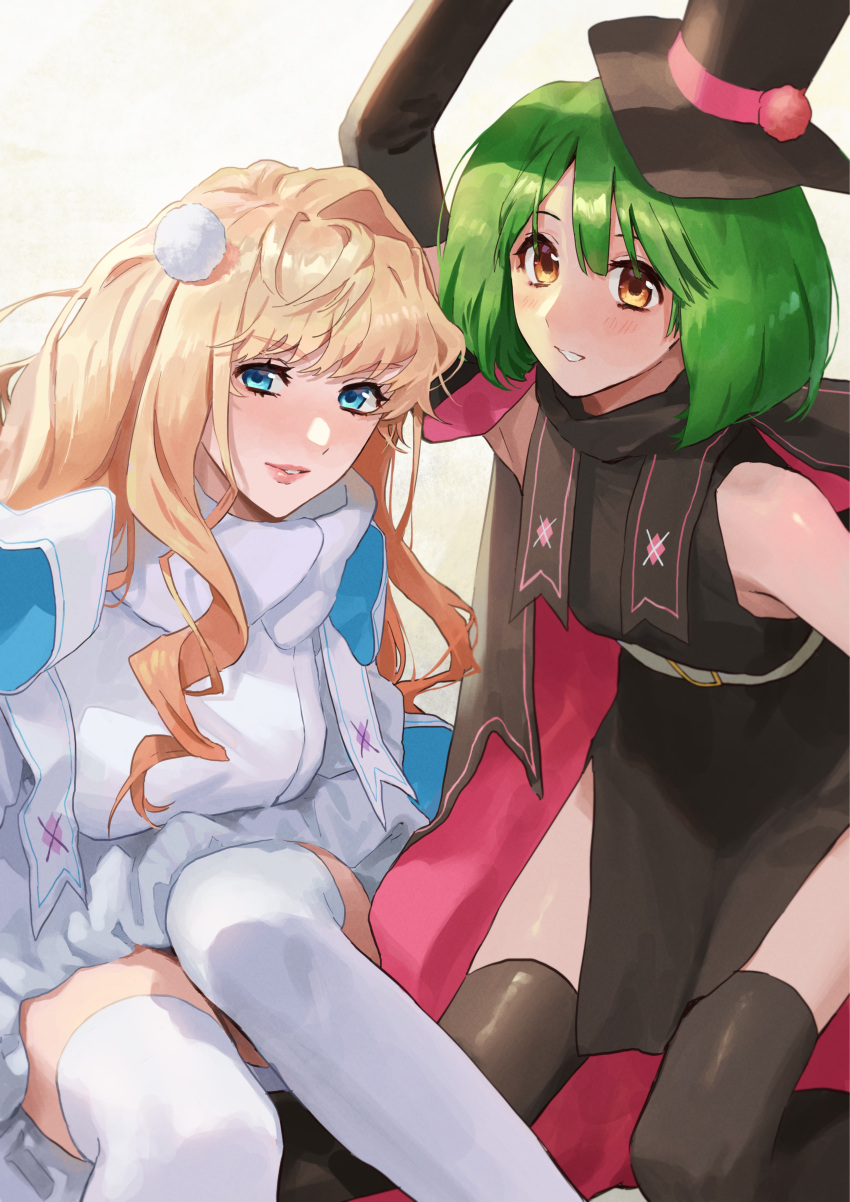 2girls absurdres bangs black_headwear blonde_hair blue_eyes blush green_hair hat highres huge_filesize looking_at_viewer macross macross_frontier multiple_girls parted_lips pote-mm ranka_lee sheryl_nome thigh-highs