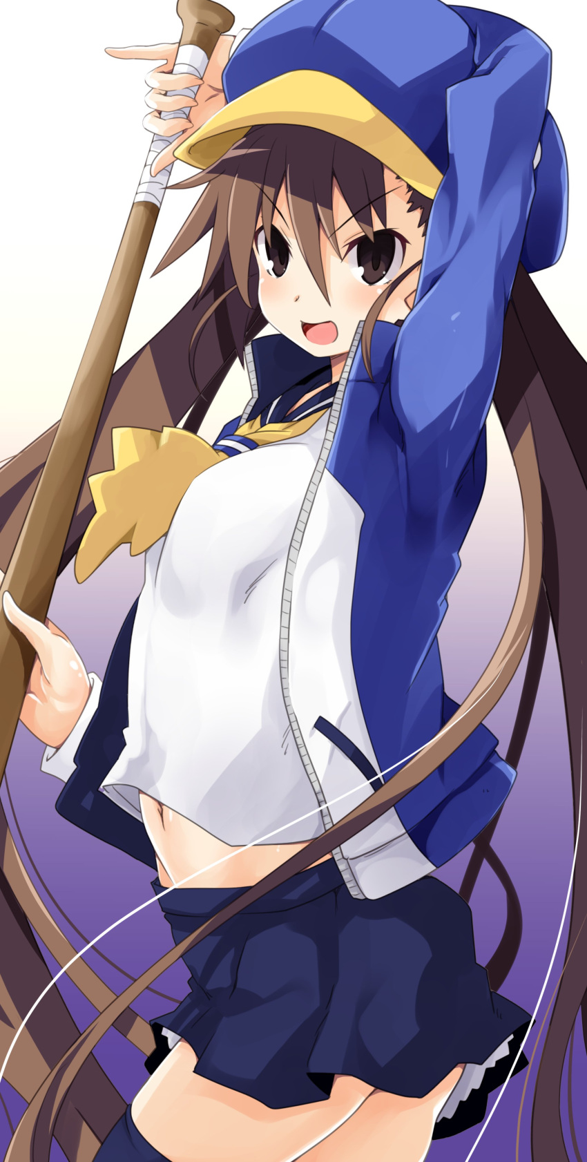 1girl absurdres baseball_bat blue_headwear blue_legwear brown_eyes brown_hair disgaea hat highres iwashi_dorobou_-r- jacket kazamatsuri_fuuka long_hair makai_senki_disgaea_4 navel open_mouth smile thigh-highs track_jacket twintails very_long_hair