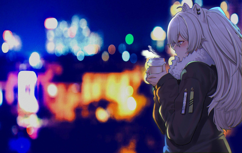 1girl ahoge animal_ears blowing blurry blurry_background blush city_lights coat cold cup earrings fur-trimmed_coat fur_trim grey_eyes grey_hair hair_between_eyes highres holding holding_cup hololive jewelry lion_ears lion_girl long_hair mikan_(chipstar182) profile shishiro_botan solo virtual_youtuber