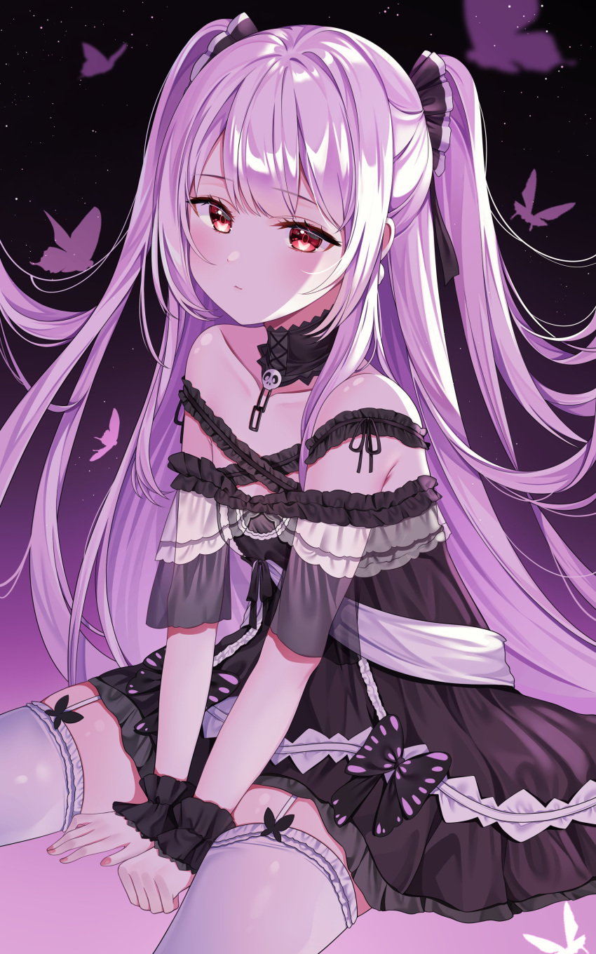 1girl absurdres bangs black_background black_choker black_dress breasts brown_eyes bug butterfly choker closed_mouth collarbone dress garter_straps gradient gradient_background hair_between_eyes hair_intakes heterochromia highres hololive https://twitter.com/reel37891/status/1310146731649110016 insect layered_dress long_hair nail_polish pink_nails purple_background red_eyes reel_(riru) shiny shiny_hair shiny_skin short_dress silver_hair sitting small_breasts solo thigh-highs twintails uruha_rushia very_long_hair white_legwear wrist_cuffs zettai_ryouiki