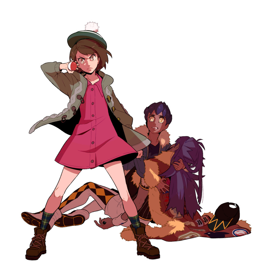 1girl 2boys baseball_cap black_shirt bob_cut boots brothers brown_eyes brown_footwear brown_hair buttons cape cardigan clenched_teeth closed_mouth collared_dress commentary_request dark_skin dark_skinned_male dress frown fur-trimmed_cape fur-trimmed_jacket fur_trim gloria_(pokemon) green_headwear green_legwear grey_cardigan hat hat_removed headwear_removed highres holding holding_poke_ball hooded_cardigan hop_(pokemon) jacket korean_commentary leggings legs_apart leon_(pokemon) long_hair long_sleeves looking_at_another multiple_boys pink_dress plaid plaid_legwear poke_ball poke_ball_(basic) pokemon pokemon_(game) pokemon_swsh purple_hair red_cape redlhzz shirt shoes short_hair shorts siblings socks tam_o'_shanter teeth white_background white_footwear white_shorts white_wristband yellow_eyes