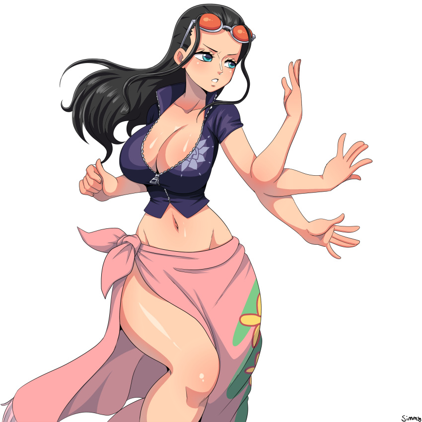1girl absurdres artist_name bare_arms black_hair collarbone collared_jacket cropped_jacket extra_arms eyewear_on_head fighting_stance floating_hair floral_print green_eyes hair_slicked_back hand_up high_collar highres jacket long_hair looking_afar midriff navel nico_robin one_piece open_mouth outstretched_arm shiny shiny_skin short_sleeves simmsy simple_background skirt solo stomach sunglasses white_background