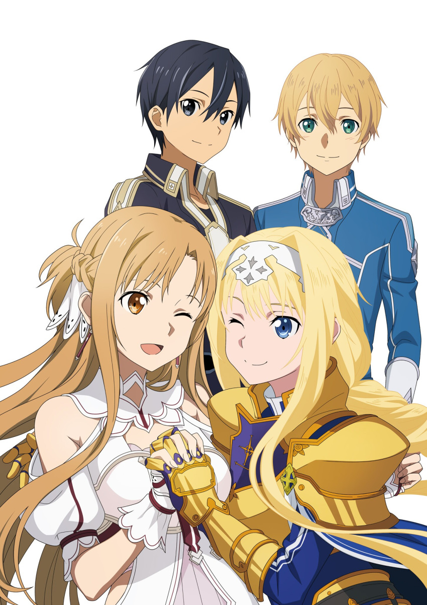 2boys 2girls ;) ;d alice_zuberg armor armored_dress asuna_(stacia) bangs black_eyes black_hair black_jacket blonde_hair blue_dress blue_eyes blue_jacket braid breastplate brown_eyes brown_hair clothing_cutout collarbone collared_jacket detached_collar dress eugeo eye_contact floating_hair french_braid gauntlets green_eyes hair_between_eyes hair_intakes hairband highres holding_hands interlocked_fingers jacket kirito long_hair long_sleeves looking_at_another multiple_boys multiple_girls official_art one_eye_closed open_mouth short_hair short_sleeves shoulder_armor shoulder_cutout simple_background smile spaulders standing sword_art_online sword_art_online:_alicization sword_mastery_academy_uniform upper_body very_long_hair white_background white_dress white_hairband wing_collar