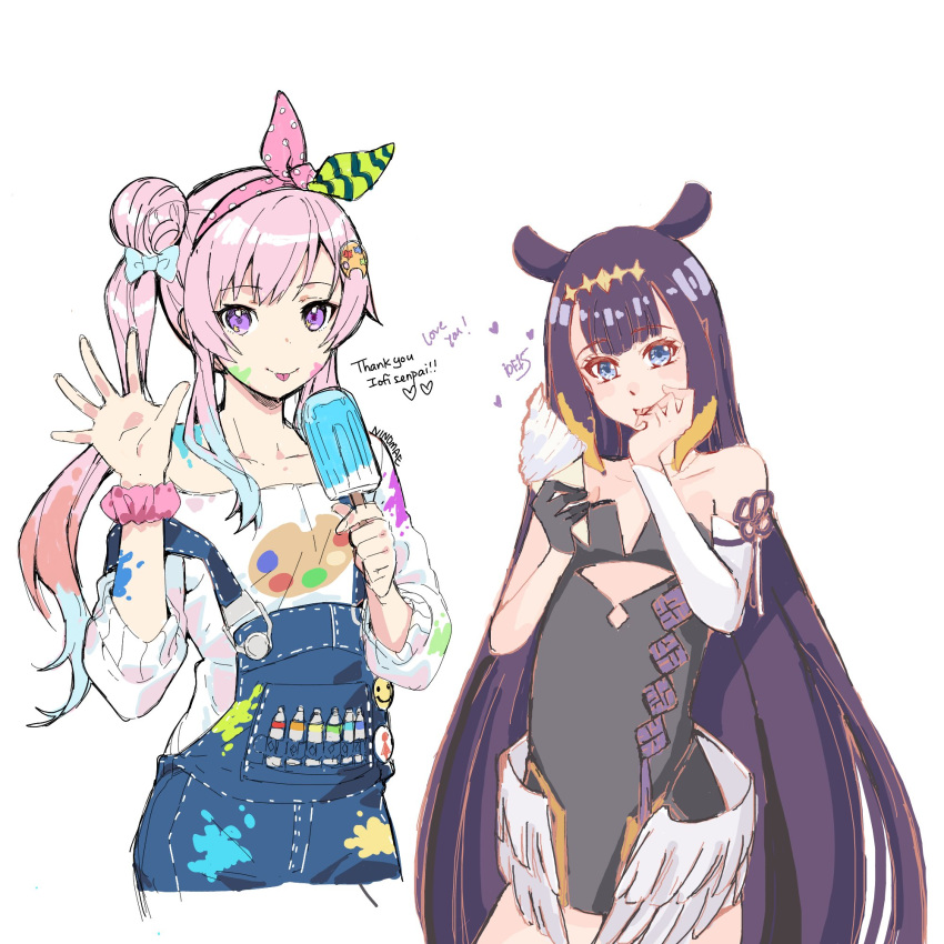 2girls airani_iofifteen airani_iofifteen_(artist) bangs black_hair blue_eyes collaboration english_commentary english_text flat_chest food highres hololive hololive_english hololive_indonesia ice_cream long_hair looking_at_viewer multiple_girls ninomae_ina'nis ninomae_ina'nis_(artist) overall_shorts pink_hair popsicle side_ponytail tongue tongue_out very_long_hair virtual_youtuber waving