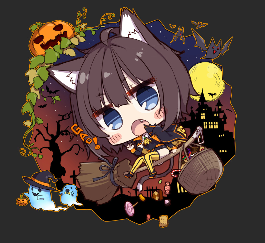 1girl animal_ear_fluff animal_ears bangs bat black_hair blue_eyes blush_stickers broom broom_riding candy cat_ears cat_tail chibi claw_pose detached_sleeves eyebrows_visible_through_hair fang food full_moon gao ghost halloween hat hatachi highres jack-o'-lantern looking_at_viewer moon night open_mouth original short_hair silhouette solo striped striped_legwear tail thigh-highs vertical-striped_legwear vertical_stripes witch_hat
