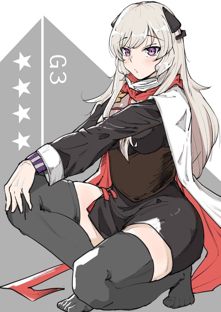 1girl absurdres black_legwear black_skirt blonde_hair character_name closed_mouth eyebrows_visible_through_hair g3_(girls_frontline) girls_frontline hair_ornament highres long_hair looking_at_viewer no_shoes rosehip_t72 scarf simple_background sitting skirt solo thigh-highs violet_eyes