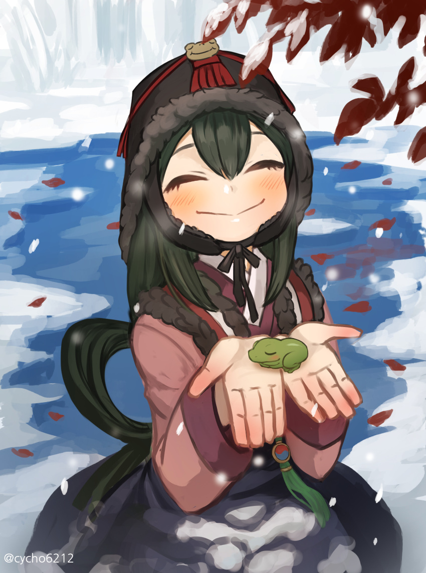 1girl ^_^ absurdres asui_tsuyu blush boku_no_hero_academia closed_eyes commentary_request frog hair_between_eyes hanbok hat highres jacket korean_clothes korean_commentary leaf long_hair low-tied_long_hair skirt snow sookmo