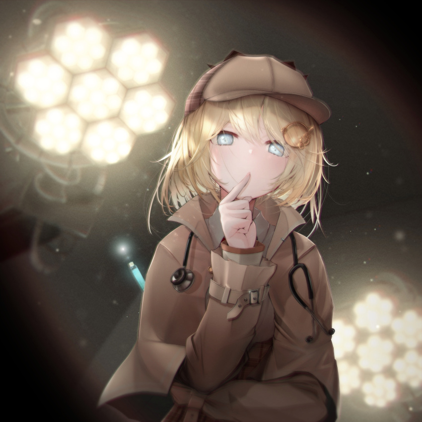 1girl absurdres backlighting bangs blonde_hair blue_eyes blurry blurry_background breasts brown_capelet brown_headwear brown_jacket brown_skirt collared_shirt commentary_request deerstalker finger_to_mouth from_below fugutai_ten grey_shirt hair_ornament hand_up hat highres hololive hololive_english index_finger_raised indoors jacket long_sleeves looking_at_viewer monocle_hair_ornament plaid plaid_skirt shirt short_hair skirt solo stethoscope upper_body virtual_youtuber watson_amelia