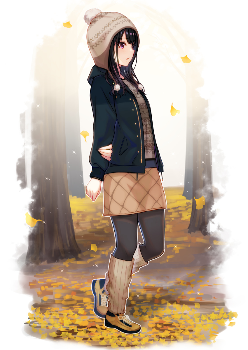 1girl absurdres bangs black_hair commentary_request eyebrows_visible_through_hair falling_leaves ginkgo hat highres idolmaster idolmaster_shiny_colors jacket kazano_hiori leaf long_hair miyar2d2 mole mole_under_eye open_clothes open_jacket open_mouth pantyhose sweater tree violet_eyes winter_clothes