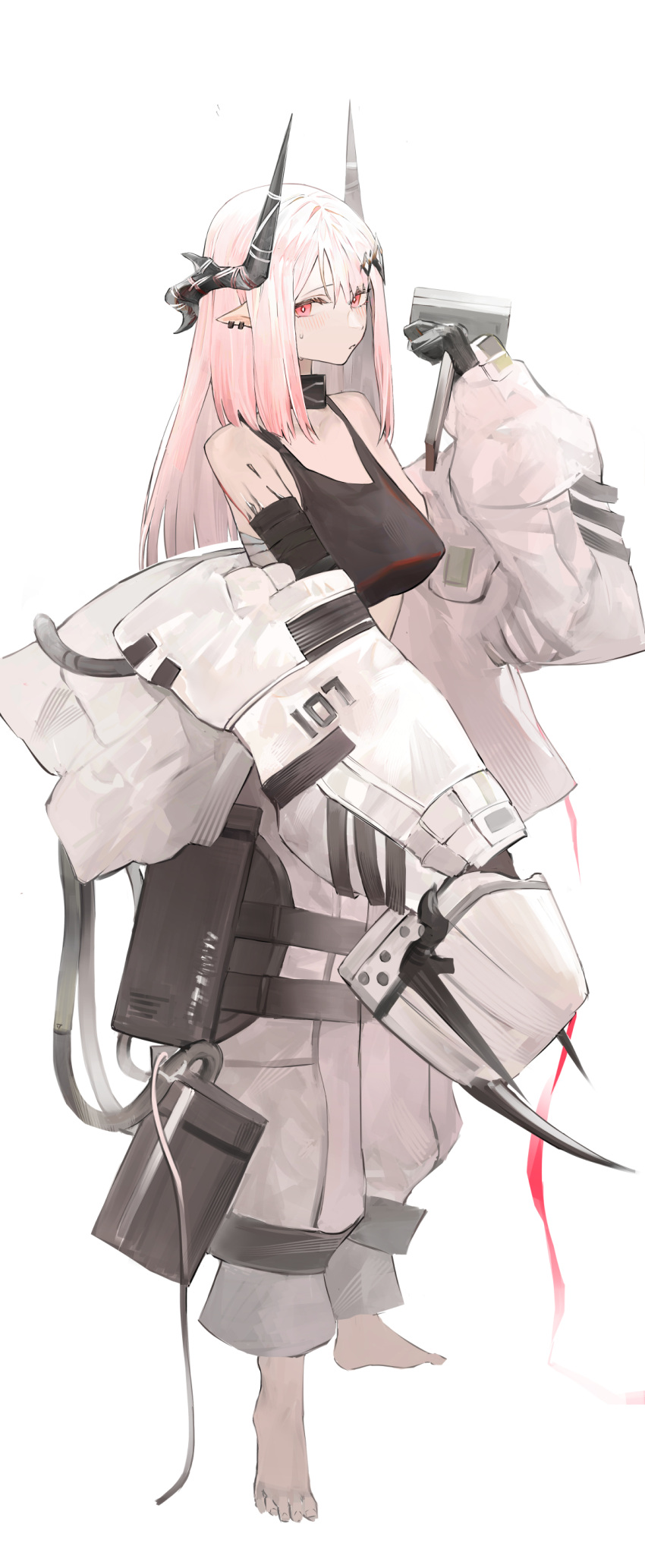 1girl absurdres arknights barefoot black_gloves breasts commentary gloves hammer highres holding holding_hammer holding_weapon horns koio large_breasts long_hair long_sleeves mudrock_(arknights) oripathy_lesion_(arknights) pink_eyes pink_hair pointy_ears sarashi simple_background solo sports_bra weapon white_background