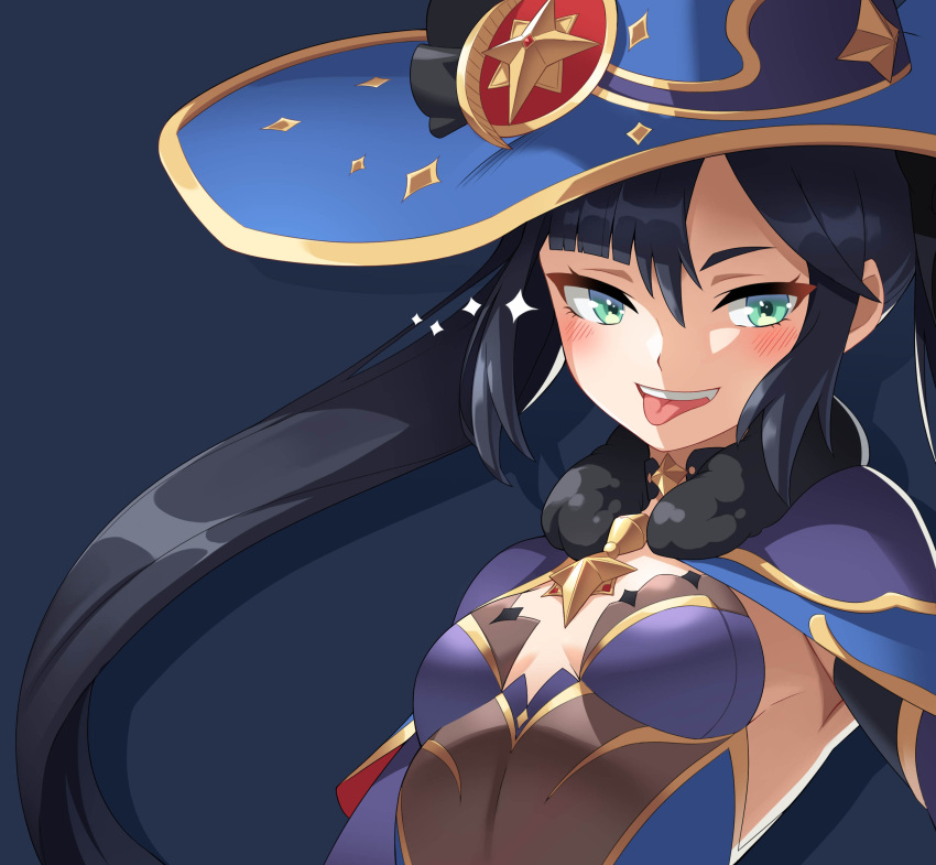 1girl :p absurdres aqua_eyes blue_leotard blush breasts cape choker fang fur_trim genshin_impact half-closed_eyes hat hat_ornament highres leotard looking_at_viewer mona_(genshin_impact) naughty_face purple_hair sideboob small_breasts smile solo star_(symbol) star_choker star_hat_ornament teeth tongue tongue_out twintails upper_body witch_hat