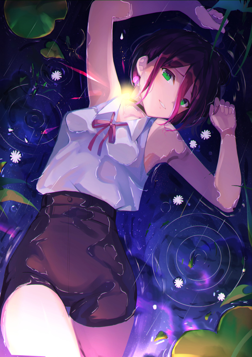 1girl absurdres arms_up bare_shoulders black_choker black_hair black_skirt breasts chainsaw_man choker collared_shirt cowboy_shot flower goroo_(eneosu) green_eyes grin hair_between_eyes highres huge_filesize in_water leaf lily_pad looking_at_viewer lying medium_breasts on_back rain reze_(chainsaw_man) ribbon ripples shirt shirt_tucked_in short_hair skirt sleeveless sleeveless_shirt smile solo wet wet_clothes white_shirt