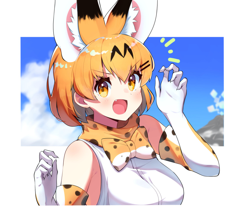 1girl animal_ears bangs blonde_hair blue_sky blurry blurry_background bow bowtie claw_pose commentary day elbow_gloves eyebrows_visible_through_hair fang fingernails gloves hair_ornament hairclip highres kemono_friends looking_at_viewer notice_lines open_mouth orange_eyes orange_neckwear orange_scarf outdoors print_gloves print_neckwear print_scarf scarf serval_(kemono_friends) serval_ears serval_print sharp_fingernails shirt short_hair sky sleeveless sleeveless_shirt smile solo takom upper_body v-shaped_eyebrows white_gloves white_shirt