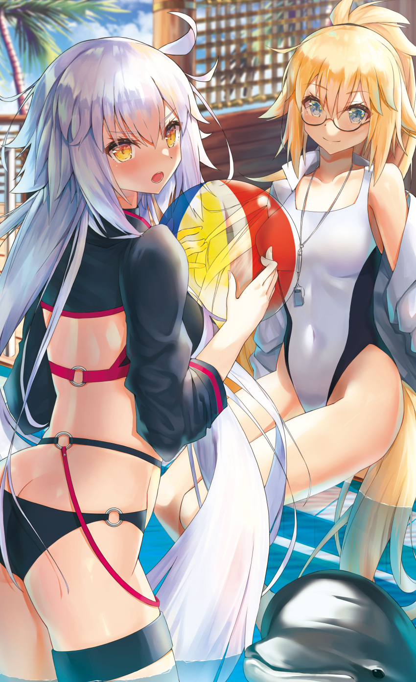 2girls absurdres alter_(kxk7357) ball bangs beachball bikini black_bikini blonde_hair blue_eyes blurry blurry_background blush breasts butt_crack collarbone competition_swimsuit covered_navel day dolphin eyebrows_visible_through_hair fate/grand_order fate_(series) glasses hair_between_eyes highleg highleg_swimsuit highres holding holding_ball jeanne_d'arc_(alter_swimsuit_berserker) jeanne_d'arc_(fate)_(all) jeanne_d'arc_(swimsuit_archer) long_hair long_sleeves looking_back medium_breasts multiple_girls o-ring o-ring_bikini one-piece_swimsuit open_mouth outdoors palm_tree semi-rimless_eyewear shiny shiny_skin shrug_(clothing) silver_hair sitting soaking_feet standing summer swimsuit thigh_strap transparent tree under-rim_eyewear very_long_hair wading white_swimsuit yellow_eyes