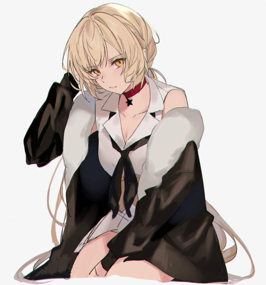 1girl aogisa black_jacket black_neckwear blonde_hair blush breasts choker closed_mouth collarbone dress eyebrows_visible_through_hair fur_collar fur_trim girls_frontline hand_in_hair highres jacket jacket_on_shoulders jewelry long_hair looking_at_viewer necklace necktie orange_eyes ots-14_(girls_frontline) red_choker sitting solo star_(symbol) star_necklace white_background white_dress