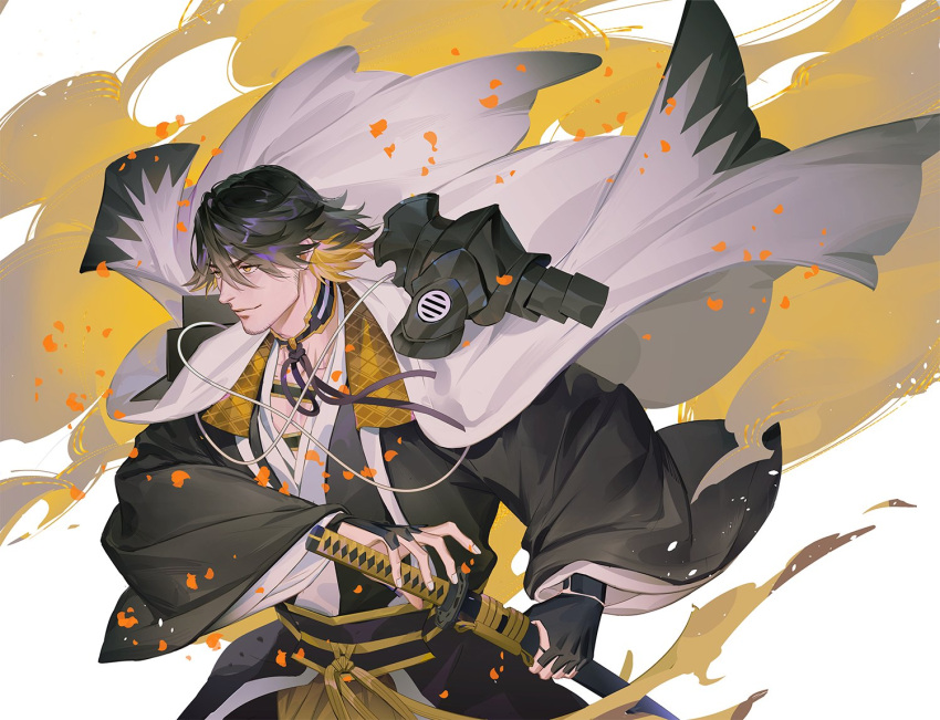 1boy black_hair blonde_hair chest_harness facial_hair fighting_stance from_side harness jacket jacket_on_shoulders japanese_clothes katana male_focus multicolored_hair nagasone_kotetsu ncww_rinichi sheath short_hair solo stubble sword touken_ranbu two-tone_hair uchigatana unsheathing upper_body weapon wind wind_lift yellow_eyes