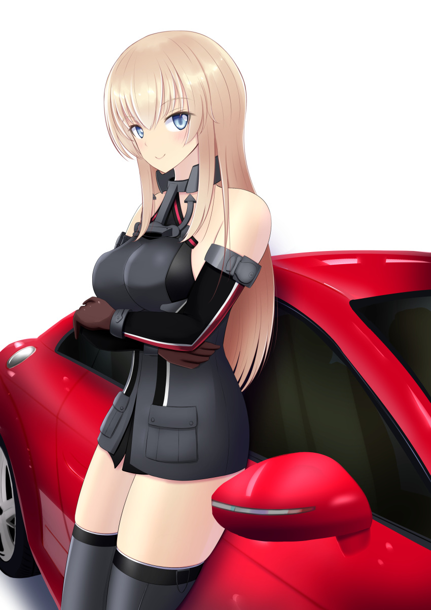 1girl absurdres anchor bismarck_(kantai_collection) blonde_hair blue_eyes breasts brown_gloves car detached_sleeves gloves grey_legwear ground_vehicle highres kantai_collection large_breasts leaning_on_object military military_uniform motor_vehicle nokonoko sidelocks smile solo standing thigh-highs uniform