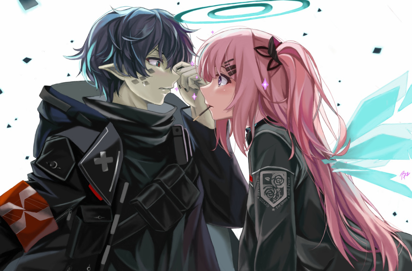 1boy 1girl ambriel_(arknights) angel arknights artist_name black_coat black_shirt blush brz coat energy_wings eyelashes faust_(arknights) food halo highres hooded_coat logo long_hair looking_at_another one_side_up pink_hair pocky pointy_ears reunion_logo_(arknights) shirt short_hair simple_background sparkle white_background
