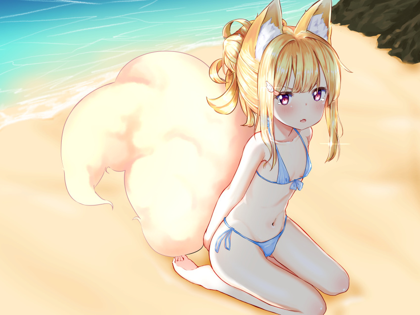 1girl absurdres animal_ear_fluff animal_ears arms_behind_back ass_visible_through_thighs barefoot beach bikini blonde_hair blush breasts coneko_(slvk12) feet fox_ears fox_tail groin hair_bun highres long_hair looking_at_viewer navel ocean open_mouth original outdoors ponytail red_eyes side-tie_bikini sitting small_breasts soles solo swimsuit tail tears thighs toes white_bikini