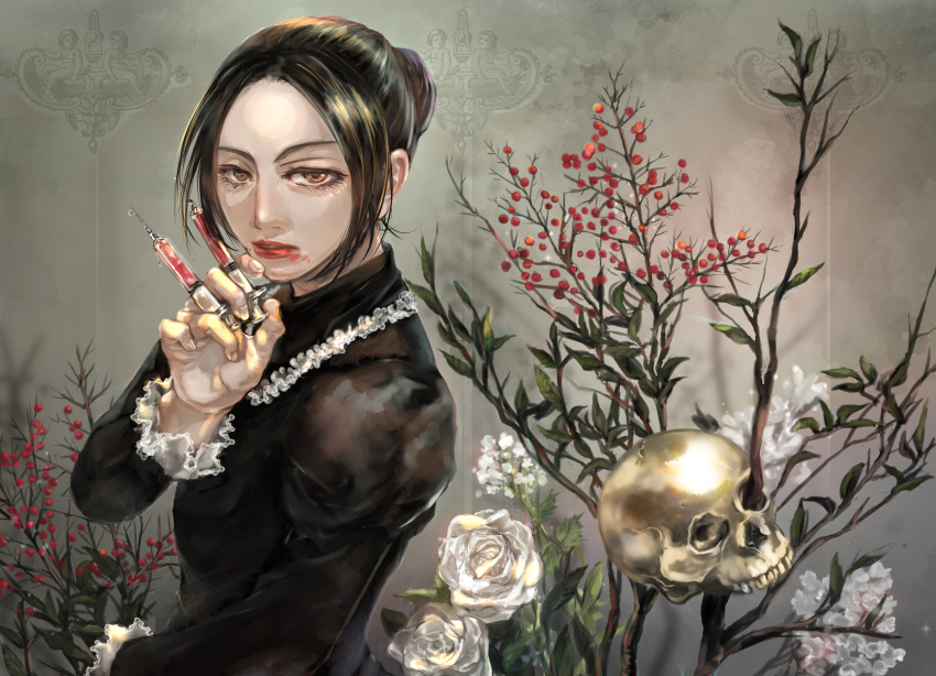 1girl absurdres black_dress black_hair blood blood_on_face brown_eyes dress flower frills golden_kamuy highres holding holding_syringe ienaga_kano indoors lipstick long_sleeves looking_at_viewer makeup mole mole_under_mouth shadow skull solo syringe upper_body uzomuzo108 wallpaper