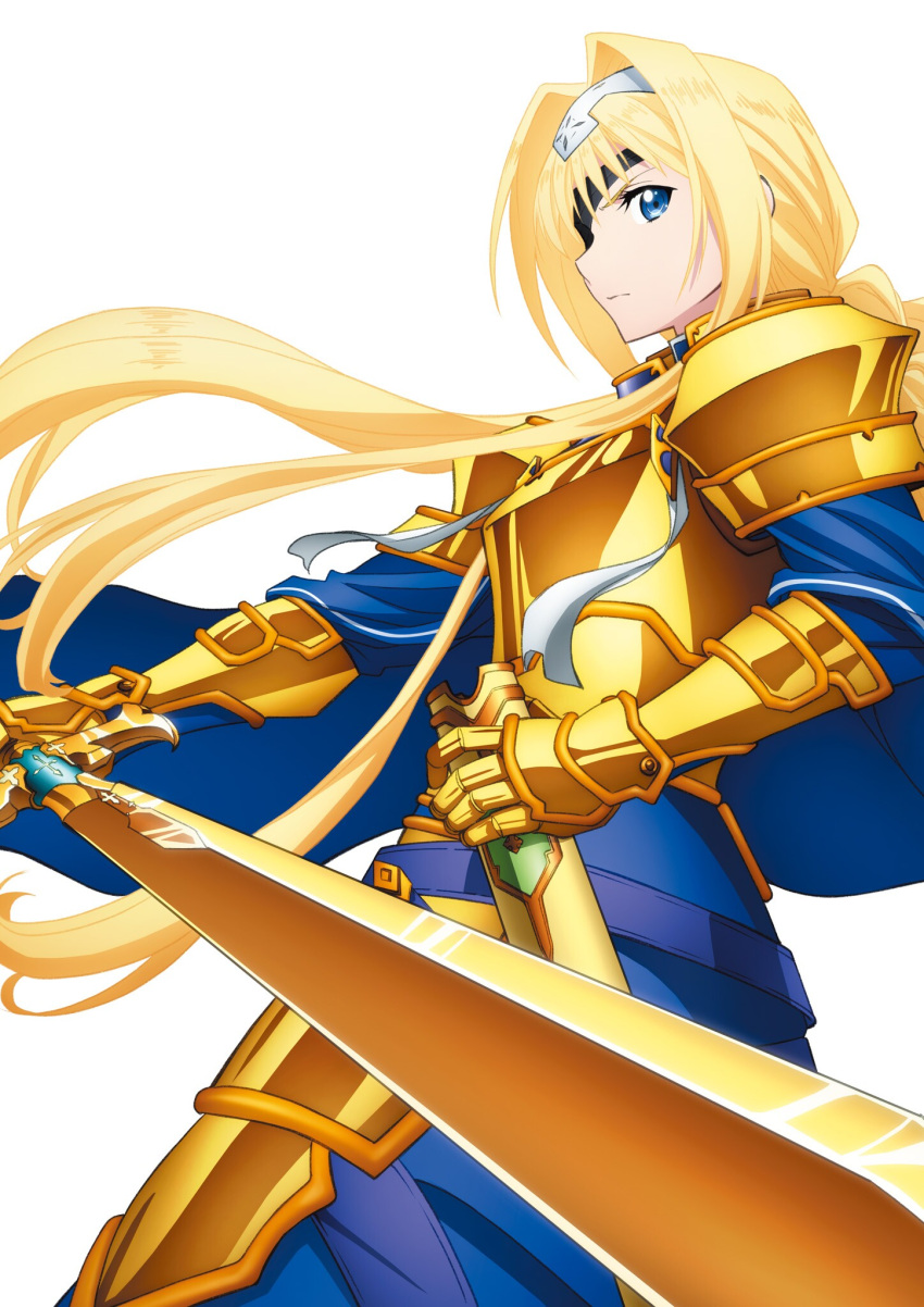 1girl alice_zuberg armor armored_dress blonde_hair blue_cape blue_dress blue_eyes braid braided_ponytail breastplate cape closed_mouth cowboy_shot dress eyepatch faulds floating_hair gauntlets hair_intakes hairband highres holding holding_sheath holding_sword holding_weapon long_hair osmanthus_blade ponytail ribbon sheath shiny shiny_hair shoulder_armor simple_background solo spaulders standing sword sword_art_online sword_art_online:_alicization very_long_hair weapon white_background white_hairband white_ribbon
