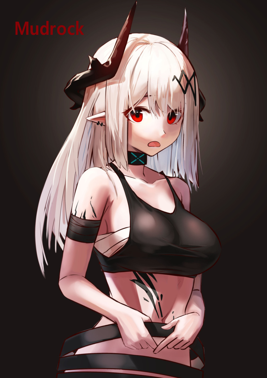 1girl absurdres arknights armband bandages bangs bare_arms bare_shoulders black_background black_choker character_name choker commentary crop_top d: highres horns long_hair looking_at_viewer midriff mudrock_(arknights) navel okgentle open_mouth oripathy_lesion_(arknights) red_eyes sarashi silver_hair solo sports_bra stomach upper_body