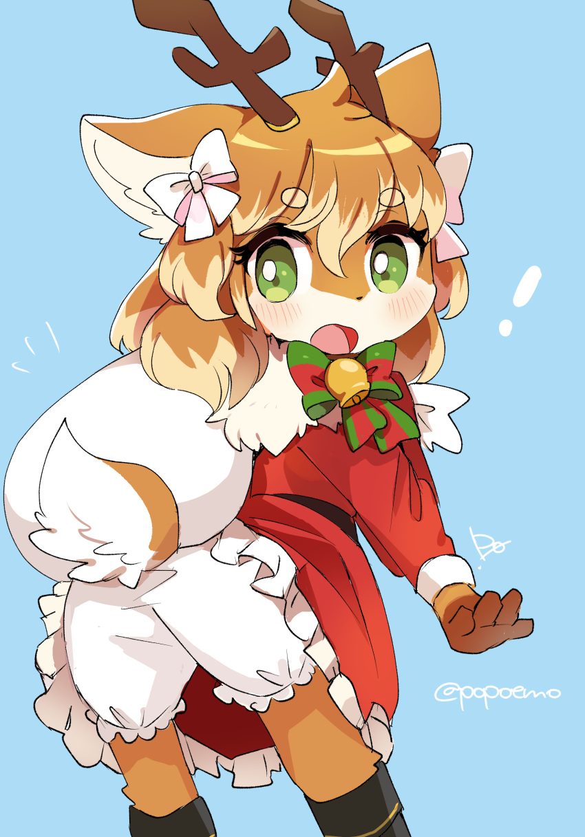 ! 1girl absurdres animal_ears animal_nose antlers artist_name blue_background blush bow brown_hair christmas deer_ears deer_tail eyebrows_visible_through_hair feet_out_of_frame furry green_eyes hair_between_eyes highres long_hair open_mouth original po! reindeer reindeer_antlers reindeer_girl simple_background solo surprised tail translation_request twitter_username