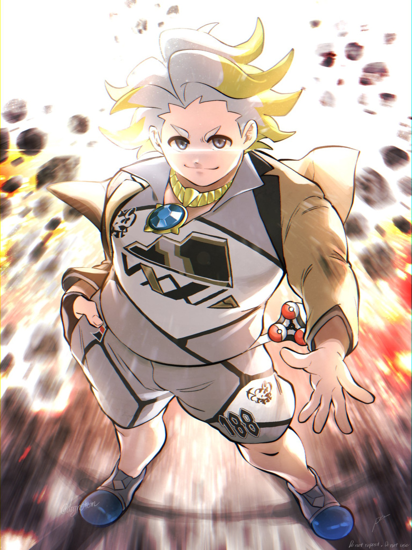 1boy brown_jacket closed_mouth collared_shirt commentary fingernails full_body gloves gordie_(pokemon) grey_eyes grey_shirt grey_shorts gym_leader hand_in_pocket highres jacket jewelry legs_apart male_focus multicolored_hair necklace number paa_(drgnstom) partially_fingerless_gloves pokemon pokemon_(game) pokemon_swsh rock shirt shoes shorts single_glove smile solo spread_fingers standing two-tone_hair watermark