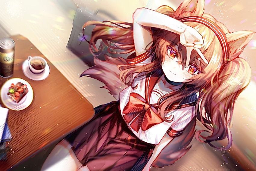 1girl angelina_(arknights) animal_ear_fluff animal_ears aoko_(amamiya_aoko) arknights arm_up bangs black_choker black_sailor_collar black_skirt blurry blurry_background blush bow brown_hair can canned_coffee choker closed_mouth coffee collarbone commentary_request cup depth_of_field eyebrows_visible_through_hair hair_between_eyes hairband long_hair looking_at_viewer plate pleated_skirt red_bow red_eyes red_hairband sailor_collar saucer school_briefcase school_uniform serafuku shirt short_sleeves skirt smile solo striped striped_hairband table tail twintails v white_shirt
