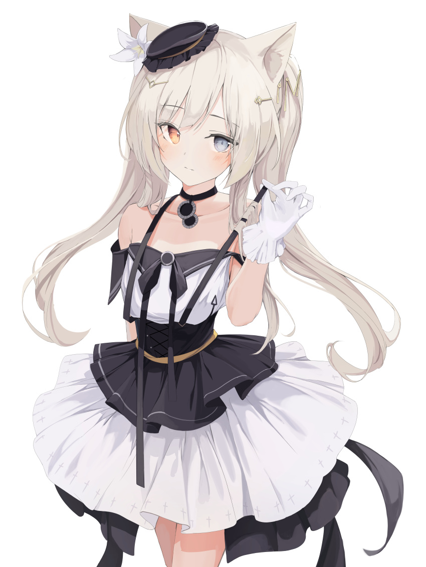 1girl absurdres animal_ears arknights bangs bare_shoulders black_choker black_dress black_headwear blonde_hair blue_eyes blush cat_ears choker collarbone commentary_request dress flat_chest flower gloves hair_flower hair_ornament hairclip hand_up heterochromia highres holding_strap layered_dress long_hair looking_at_viewer mikisai multicolored multicolored_clothes multicolored_dress nightmare_(arknights) ribbon simple_background solo twintails white_background white_dress white_flower white_gloves