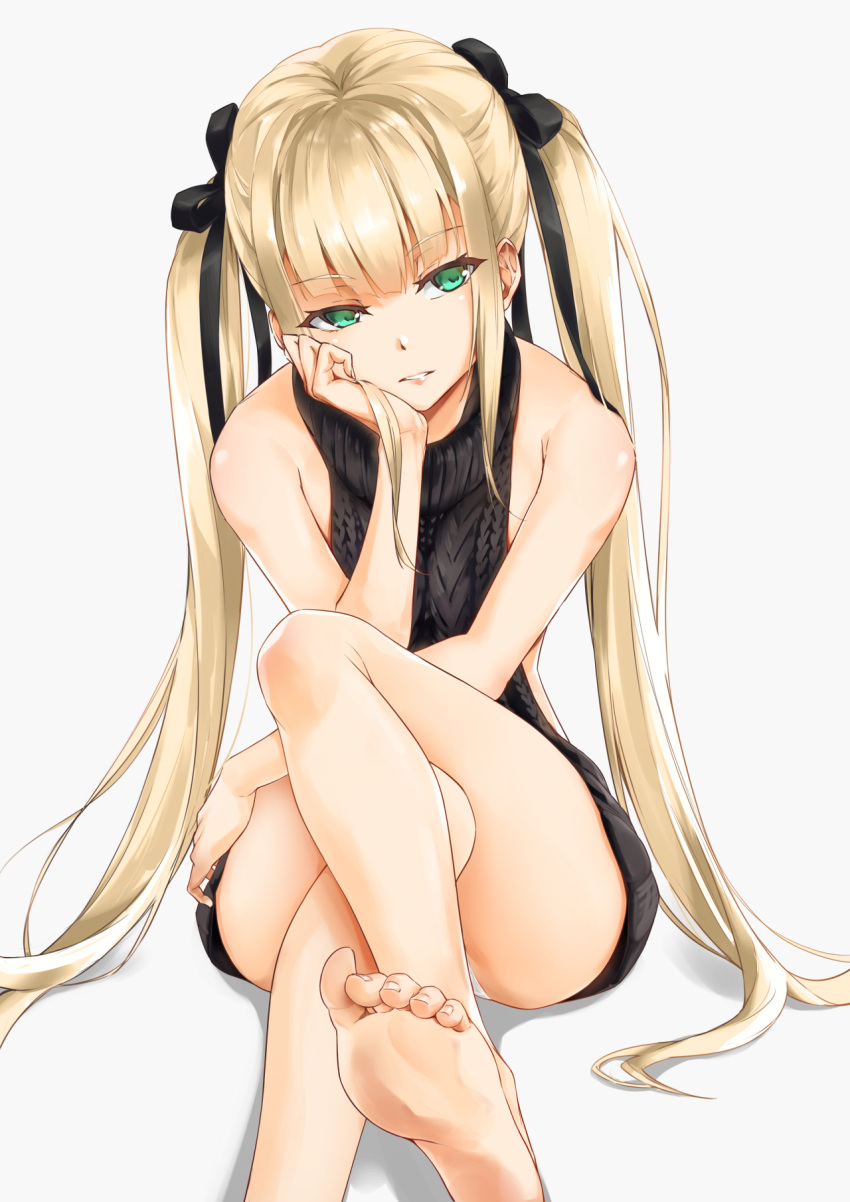 1girl bangs barefoot bitterpain black_bow black_sweater blonde_hair blunt_bangs bow crossed_legs dress eyebrows_visible_through_hair green_eyes hair_bow head_rest highres long_hair looking_at_viewer meme_attire original panties pantyshot parted_lips ribbed_sweater shiny shiny_hair simple_background sitting soles solo sweater sweater_dress twintails underwear very_long_hair vest virgin_killer_sweater white_background white_panties