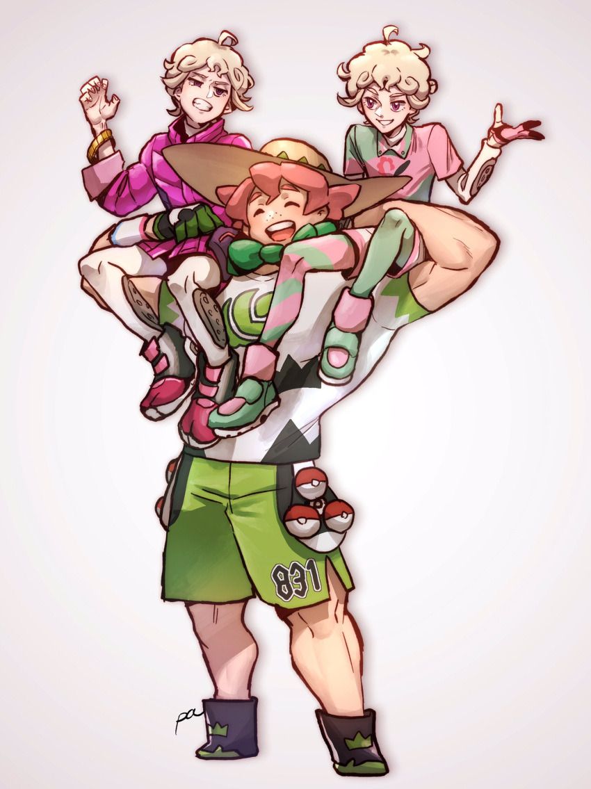 3boys ahoge bede_(pokemon) beige_headwear blonde_hair carrying clenched_teeth closed_eyes coat collared_shirt commentary_request curly_hair freckles gloves green_shorts grey_background hand_up hat highres leggings looking_at_another male_focus milo_(pokemon) multiple_boys muscle number paa_(drgnstom) partially_fingerless_gloves pink_hair poke_ball poke_ball_(basic) pokemon pokemon_(game) pokemon_swsh purple_coat shirt shoes short_sleeves shorts side_slit side_slit_shorts smile standing striped striped_legwear sun_hat teeth violet_eyes watch watch white_legwear