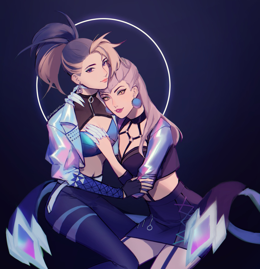 2girls absurdres akali asymmetrical_clothes claws cropped_jacket earrings evelynn_(league_of_legends) garter_straps highres jewelry league_of_legends long_hair looking_at_viewer multicolored_hair multiple_girls open_clothes ponytail skirt thigh-highs utamaruu yellow_eyes yuri