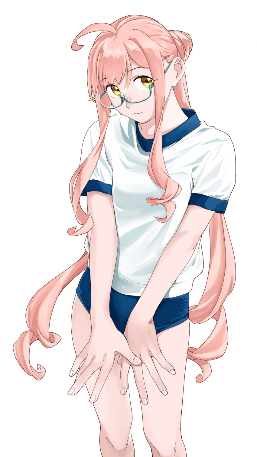 1girl absurdres ahoge alternate_costume blue-framed_eyewear blue_buruma buruma commentary_request cowboy_shot double_bun glasses gym_uniform highres kantai_collection long_hair looking_at_viewer makigumo_(kantai_collection) ojipon pink_hair semi-rimless_eyewear shirt simple_background solo t-shirt twintails white_background white_shirt yellow_eyes