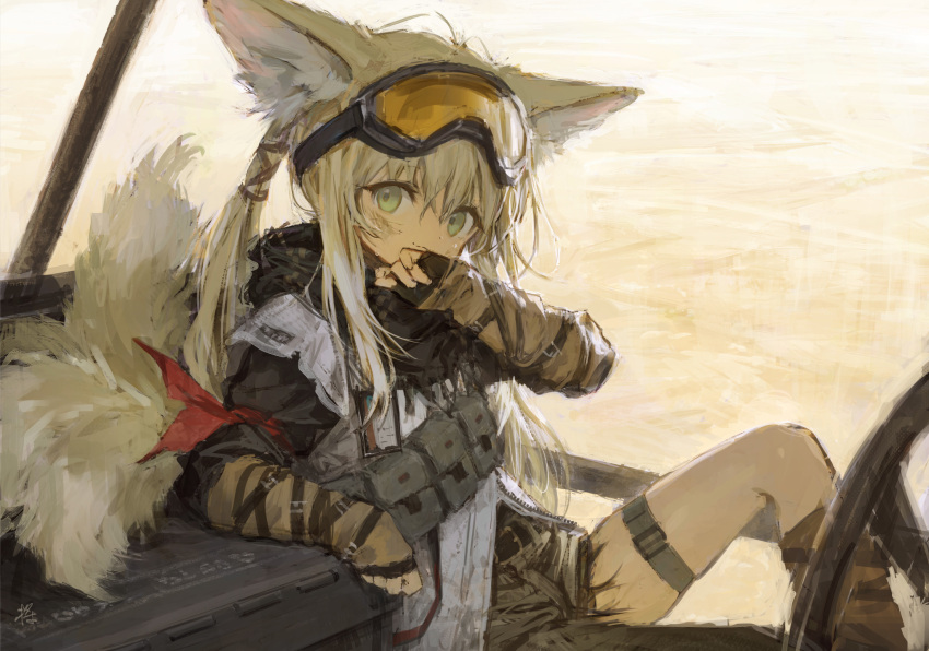 1girl animal_ears arknights asymmetrical_legwear asymmetrical_pants black_scarf buckle denim dirty dirty_face elbow_gloves eyewear_on_head fox_ears fox_tail gloves goggles goggles_on_head green_eyes grey_tunic highres jeans knee_up looking_at_viewer multiple_tails official_alternate_costume pants pouch scarf sho_(sho_lwlw) short_hair_with_long_locks sitting smile solo strap suzuran_(arknights) suzuran_(wasteland_blossom)_(arknights) tactical_clothes tail thigh_strap tied_hair torn_clothes torn_jacket torn_jeans torn_pants tunic wiping_mouth