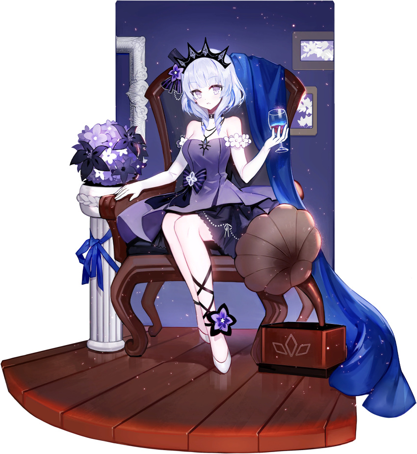 1girl arizona_(blue_oath) arizona_(ebony_flower)_(blue_oath) armchair artist_request black_choker blue_hair blue_oath bow bowtie breasts chair choker crown_hair_ornament cup dress drinking_glass earrings elbow_gloves eyebrows_visible_through_hair flower gloves hair_flower hair_ornament hair_ribbon highres holding holding_cup jewelry legs long_hair looking_at_viewer necklace official_art purple_dress ribbon shoes sitting solo violet_eyes white_footwear white_gloves wine_glass