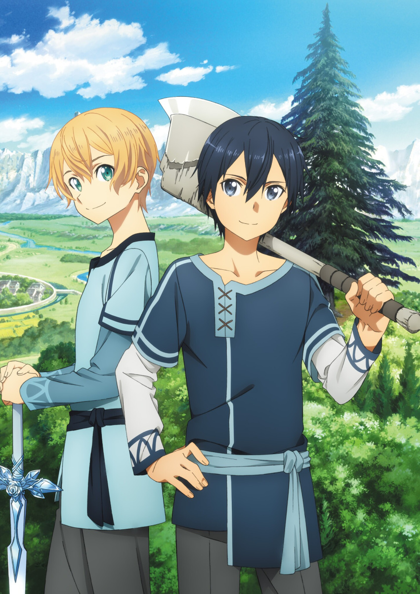 2boys axe bangs black_hair blonde_hair blue_eyes blue_rose_sword blue_shirt blue_sky cedar_tree closed_mouth clouds collarbone cowboy_shot day eugeo green_eyes grey_pants hair_between_eyes hand_on_hip hands_on_hilt highres holding holding_axe kirito long_sleeves looking_at_viewer male_focus multiple_boys official_art outdoors over_shoulder pants shiny shiny_hair shirt short_hair short_over_long_sleeves short_sleeves sky smile sword_art_online sword_art_online:_alicization weapon weapon_over_shoulder