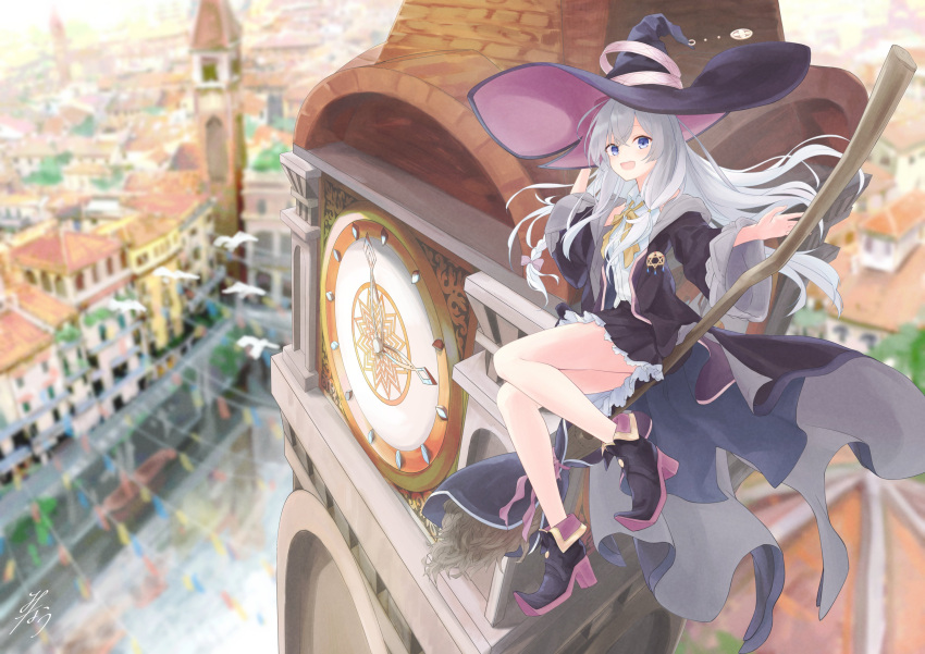 1girl absurdres bare_legs black_cloak black_coat black_headwear black_robe black_skirt blue_eyes brooch broom broom_riding cloak clock clock_tower coat elaina_(majo_no_tabitabi) floating_hair flying hat hat_ornament highres holding holding_broom jewelry long_hair looking_at_viewer majo_no_tabitabi minau37 open_clothes open_robe robe shirt silver_hair skirt smile solo thighs tower white_shirt witch witch_hat yellow_neckwear
