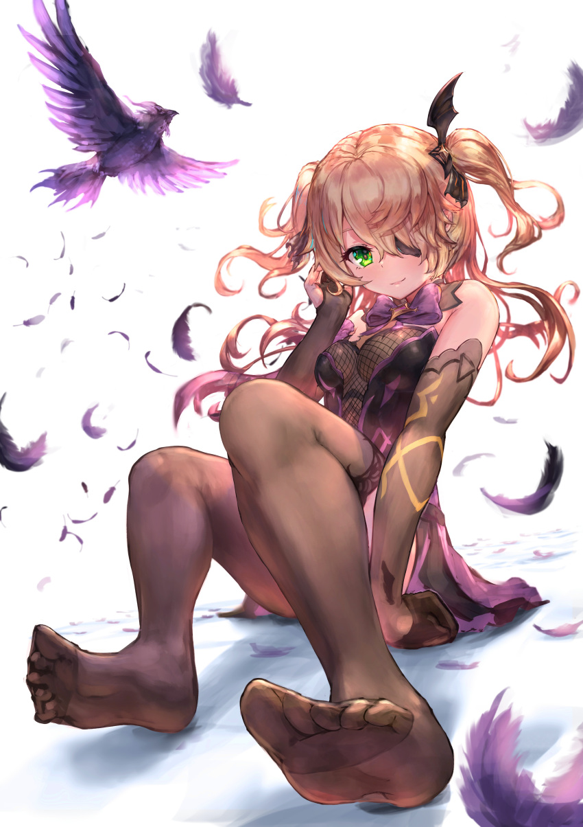 1girl absurdres bare_shoulders bird black_legwear blonde_hair blush bow breasts dress eyepatch feathers fischl_(genshin_impact) genshin_impact gloves green_eyes hair_over_one_eye hair_ribbon highres long_hair looking_at_viewer no_shoes raven_(animal) ribbon single_thighhigh sitting small_breasts solo taku57 thigh-highs two_side_up