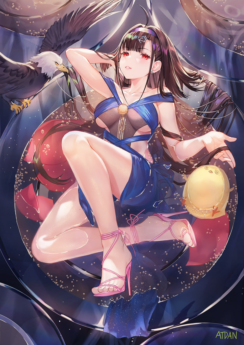 1girl ahoge arm_up atdan azur_lane bare_legs bare_shoulders bird black_hair blue_dress breasts chick collarbone dress eagle earrings hair_ornament hairband high_heels highres independence_(azur_lane) independence_(the_independent_line)_(azur_lane) jewelry large_breasts long_hair looking_at_viewer manjuu_(azur_lane) parted_lips red_eyes revealing_clothes sandals sleeveless sleeveless_dress solo thighs water