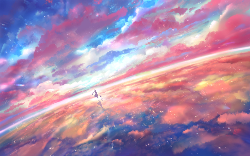 1girl ambiguous_gender cat clouds cloudy_sky commentary_request dress highres horizon long_hair original reflection sakimori_(hououbds) scenery silhouette sitting sky solo standing wide_shot