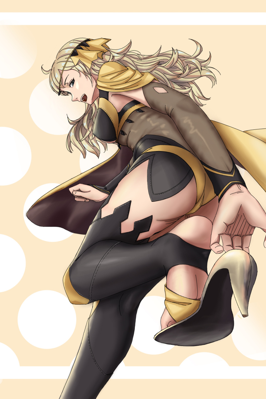 1girl absurdres ass blonde_hair breasts cameltoe cape circlet elbow_sleeve feet fire_emblem fire_emblem_fates fire_emblem_heroes hands high_heels highres long_hair looking_at_viewer medium_breasts open_mouth ophelia_(fire_emblem) soles solo stirrup_legwear toeless_legwear witz_wenji