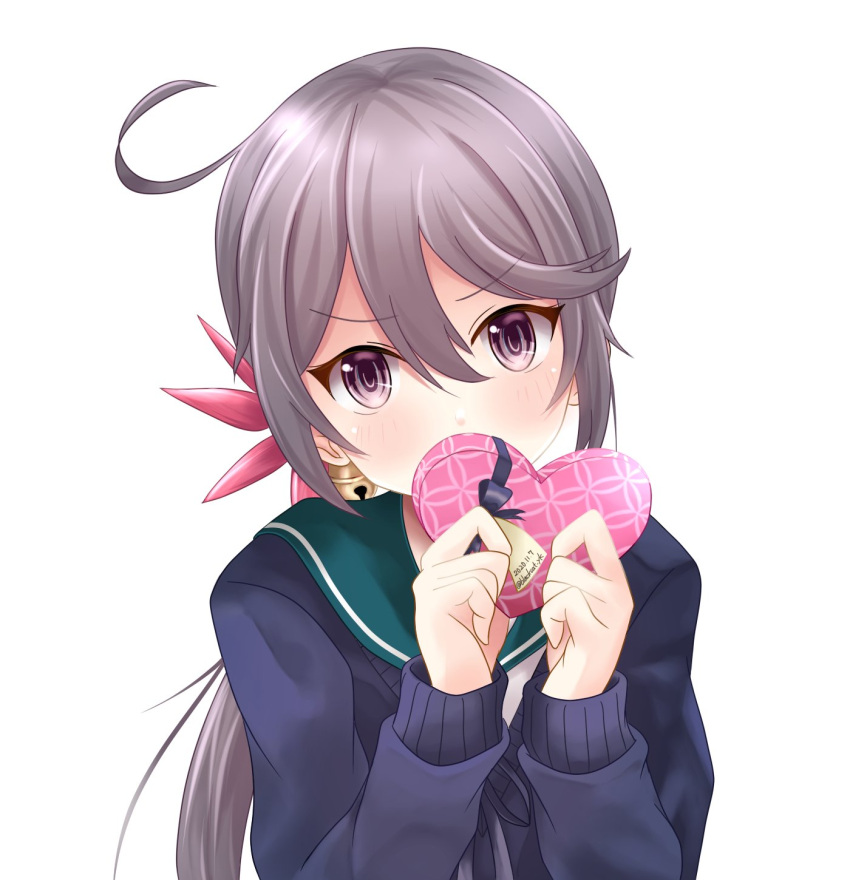 1girl akebono_(kantai_collection) bell blue_sailor_collar blue_sweater box commentary_request flower gift grey_eyes grey_hair hair_bell hair_flower hair_ornament heart highres jingle_bell kantai_collection kuroneko86 long_hair looking_at_viewer sailor_collar school_uniform serafuku side_ponytail simple_background solo sweater upper_body very_long_hair white_background