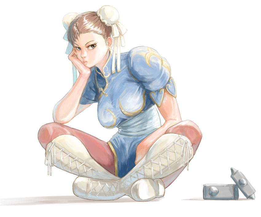 1girl a_ichiro blue_dress boots breasts brown_eyes brown_legwear bun_cover china_dress chinese_clothes chun-li crossed_legs double_bun dress head_rest large_breasts pantyhose pelvic_curtain puffy_short_sleeves puffy_sleeves shadow short_sleeves simple_background solo spikes street_fighter white_background white_footwear