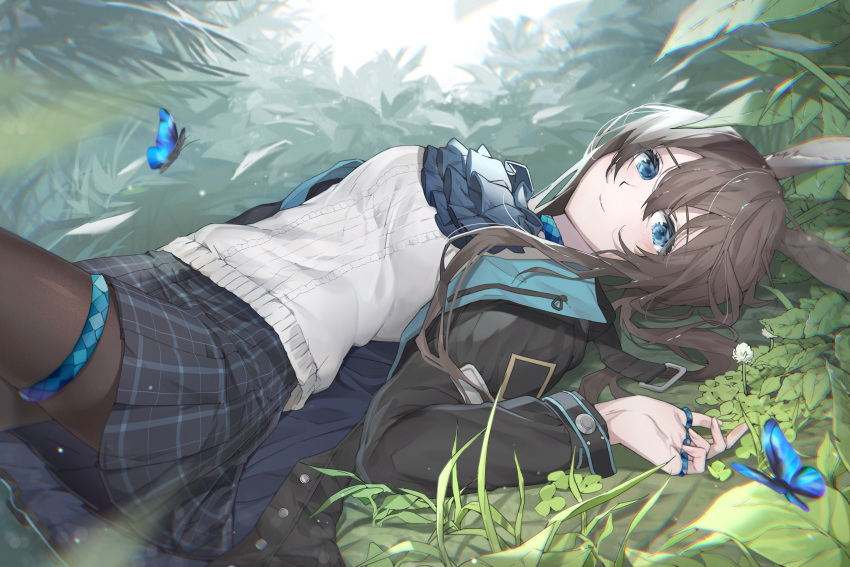 1girl absurdres amiya_(arknights) animal_ears arknights bangs black_jacket blue_butterfly blue_eyes breasts brown_hair brown_legwear bug butterfly closed_mouth commentary_request dutch_angle hair_between_eyes highres huge_filesize insect jacket jewelry long_hair long_sleeves looking_at_viewer lying miniskirt nature on_back open_clothes open_jacket outdoors pantyhose plaid plaid_skirt plant pleated_skirt rabbit_ears ring shirt sidelocks skirt smile solo tantan_(xrvf2288) thigh_strap white_shirt