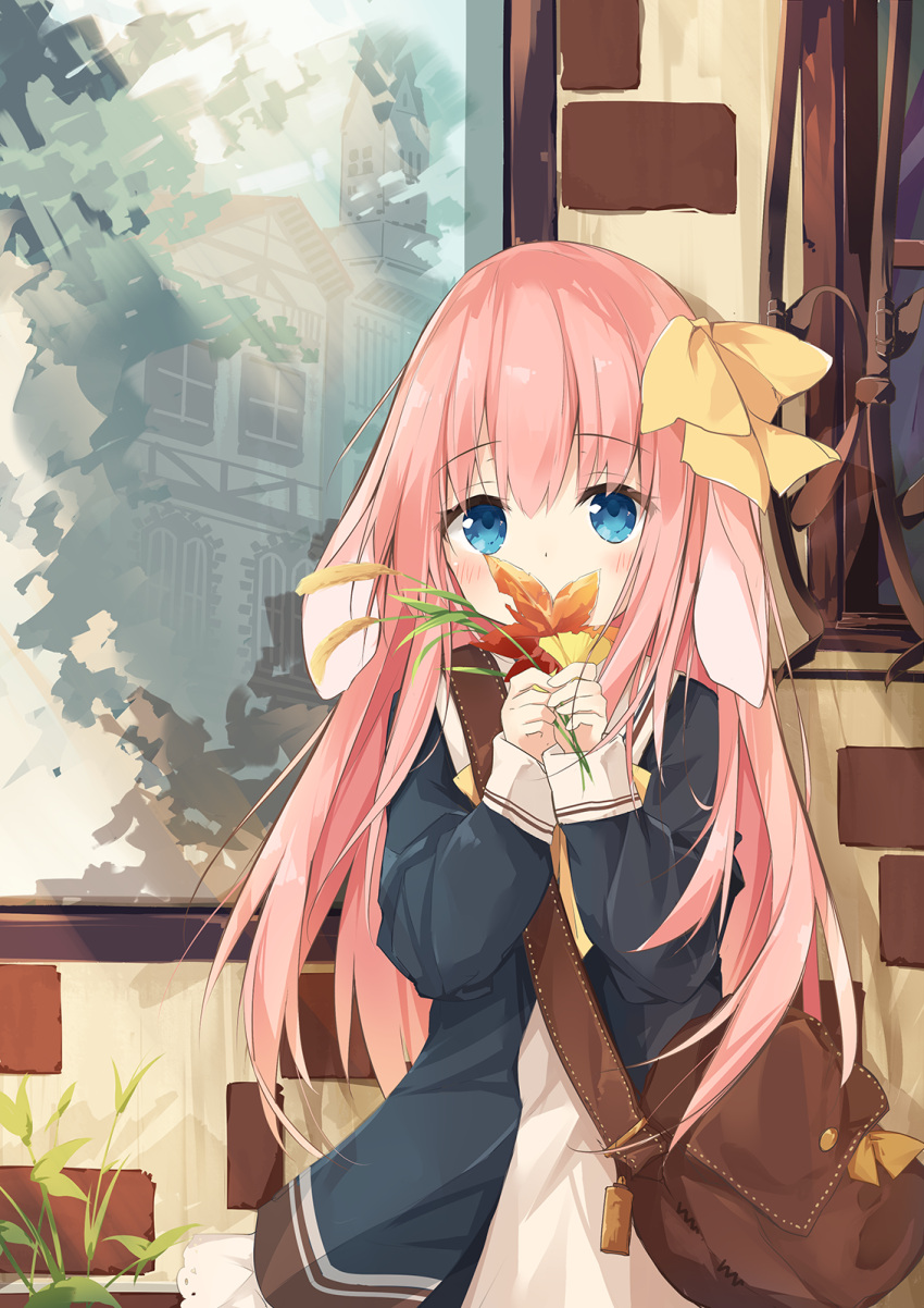1girl animal_ears autumn_leaves bag bangs black_jacket blue_eyes blush bow brick_wall commentary_request covered_mouth day dress ears_down eyebrows_visible_through_hair ginkgo_leaf hair_between_eyes hair_bow hands_up highres holding holding_leaf jacket kushida_you leaf long_hair long_sleeves looking_at_viewer maple_leaf open_clothes open_jacket original outdoors pink_hair rabbit_ears shoulder_bag sleeves_past_wrists solo standing very_long_hair white_dress window yellow_bow