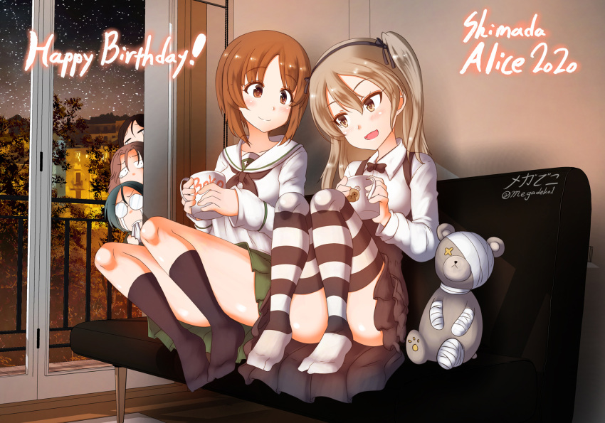 aquaegg azumi_(girls_und_panzer) birthday black_dress blonde_hair blush boko_(girls_und_panzer) brown_eyes brown_hair closed_mouth collarbone couch cup dress eyebrows_visible_through_hair girls_und_panzer green_skirt hair_ornament hairband happy_birthday highres holding holding_cup looking_at_another megumi_(girls_und_panzer) nishizumi_miho on_couch ooarai_school_uniform open_mouth peeping pleated_skirt rumi_(girls_und_panzer) school_uniform shimada_arisu shiny shiny_hair short_hair skirt smile striped striped_legwear stuffed_toy tears thigh-highs